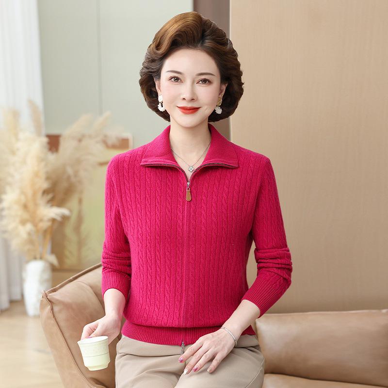 Mom's Plus Size Wool Zipper Cardigan for Fall & Winter - Versatile Lapel Sweater for Middle-aged & Elderly Women