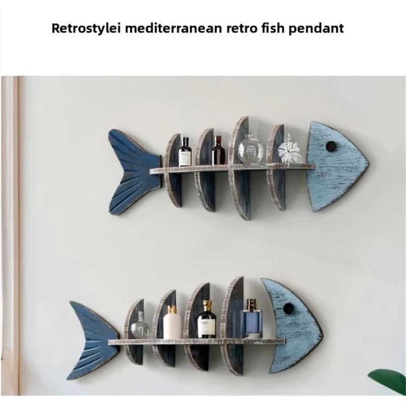 Nordic-Mediterranean Wooden Fish Skeleton Wall Shelf - Decorative Hanging Storage for Coastal Home Decor