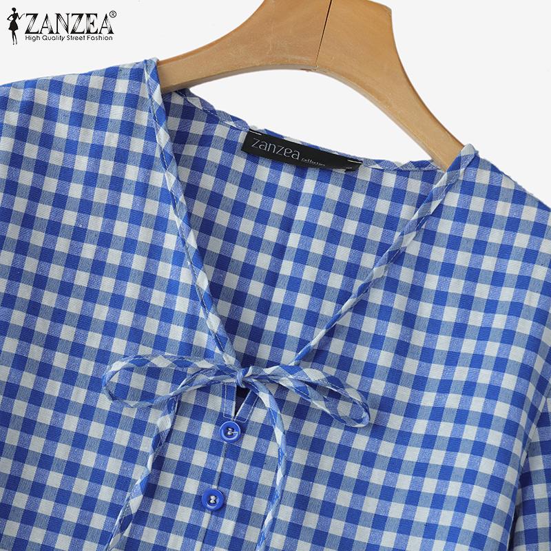 ZANZEA Женская повседневная блузка с V-образным вырезом и рукавом 3/4, свободная клетчатая блузка