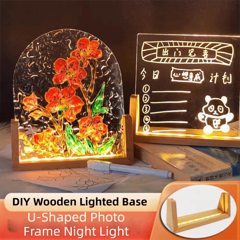 Non-slip LED Lighted Stand Warm Light Lighted Picture Frame Wooden Lighted Base Crystal Display