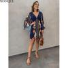MODIQUE 2025 Summer New Women's Sexy Retro Plants Print Deep V-Neck Backless Short Dress Ladies Casual  X-Line Long Sleeve Dress