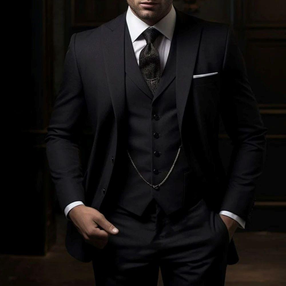 Black Men's Suits Single Breasted Peak Lapel Slim Fit Male Clothing Luxury 3 Piece Jacket Pants Vest Wedding Full Sets 2025