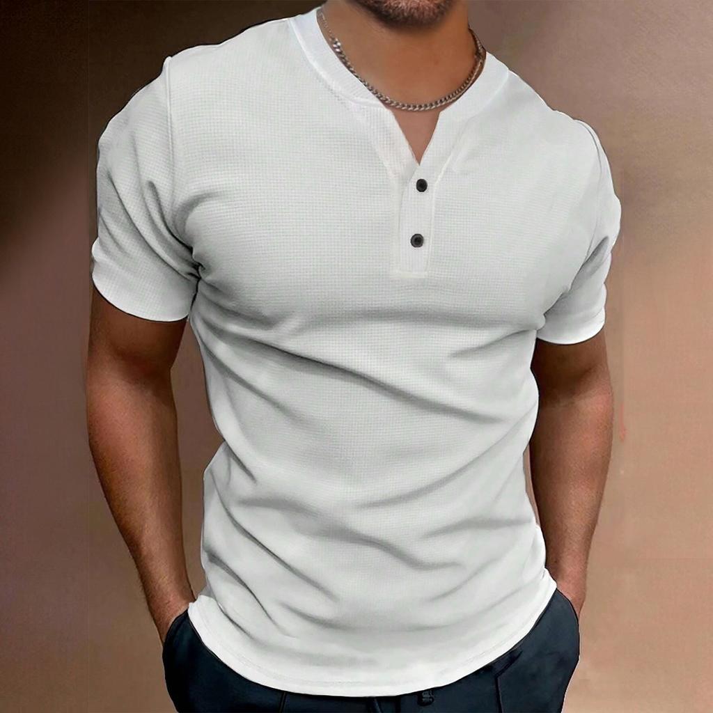 Мужская однотонная рубашка с V-образным вырезом и пуговицами, мужская спортивная рубашка с коротким рукавом