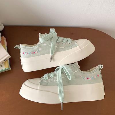 JX вышивка корейская версия парусиновых туфель женские 2025 лето новая высокая ценность студенческие белые туфли цветок низкий верх парусиновые туфли