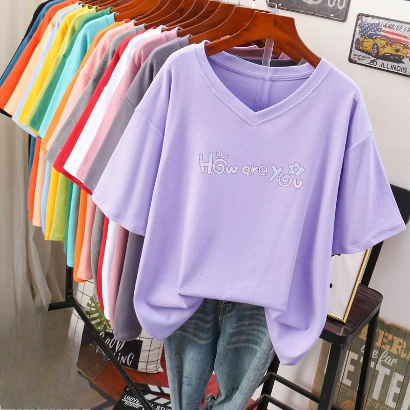 Футболка с коротким рукавом, Свободного кроя, Приталенный топ с V-образным вырезом с принтом для женщин