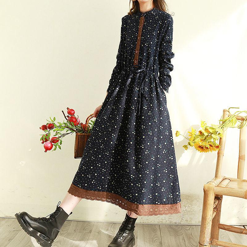 Women's Fashion Spring Fall Flower Pattern Print Long Sleeve Half Turtleneck Loose Waistline Casual Dresses