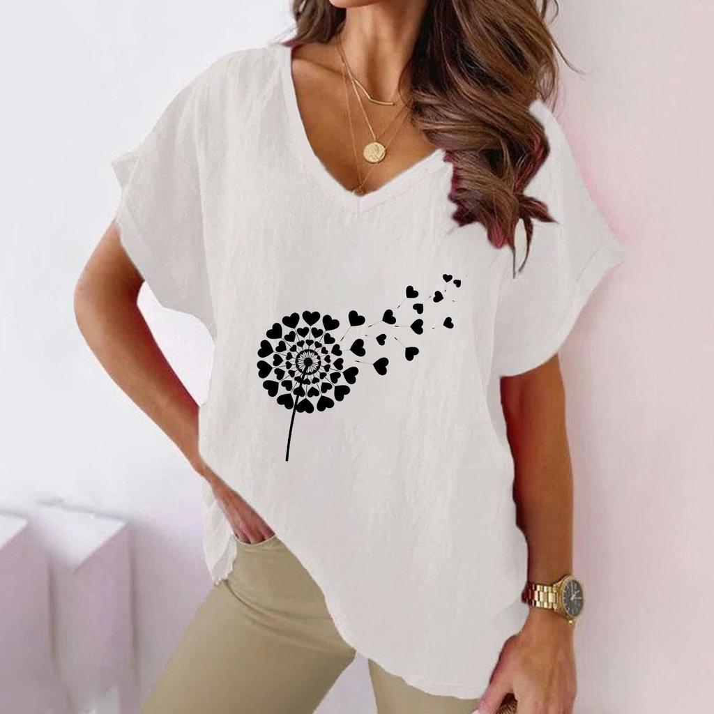 Лето 2023, женская повседневная хлопковая конопляная футболка с v-образным вырезом и принтом одуванчика «Летучая мышь» и короткими рукавами