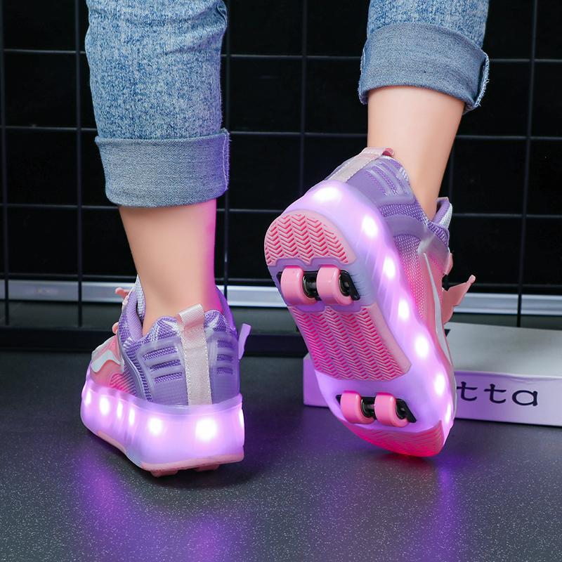 Четырехколесные новые сетчатые светодиодные прогулочные туфли с вращающейся кнопкой детские роликовые коньки обувь для девочек прогулочные туфли для мальчиков