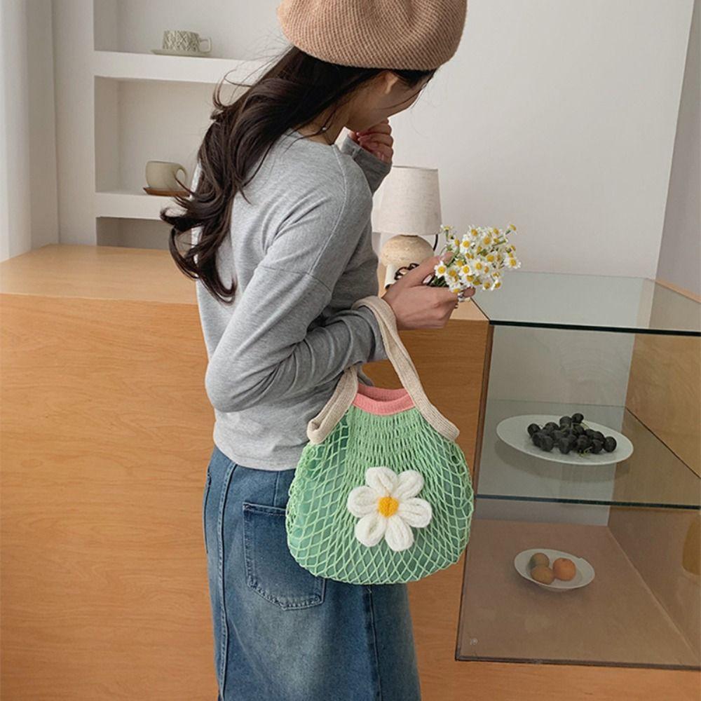 Large Capacity Hollow Out Weave Bag Flower Nylon Mesh Tote Bag Foldable Woven Handbag Shopping Bag
