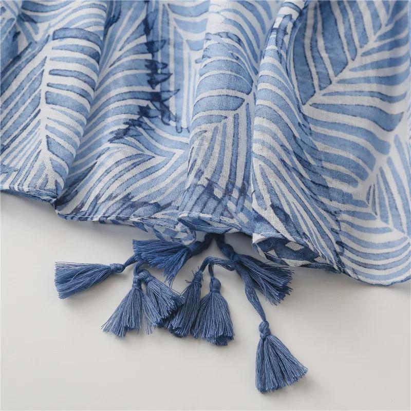 Синий шелковый шарф в стиле бохо с банановыми листьями - солнцезащитная шаль с кисточками