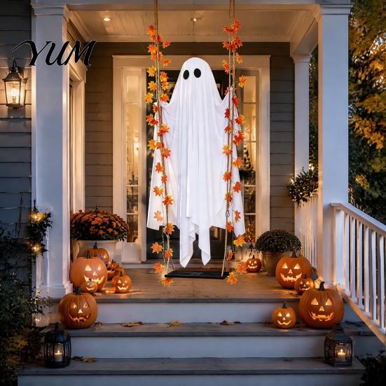 Decorative Festival Ghost Items Light Up Hanging Swinging Halloween Decoration with Remote Control, Large White Spooky Outdoor Yard Decor Ornament