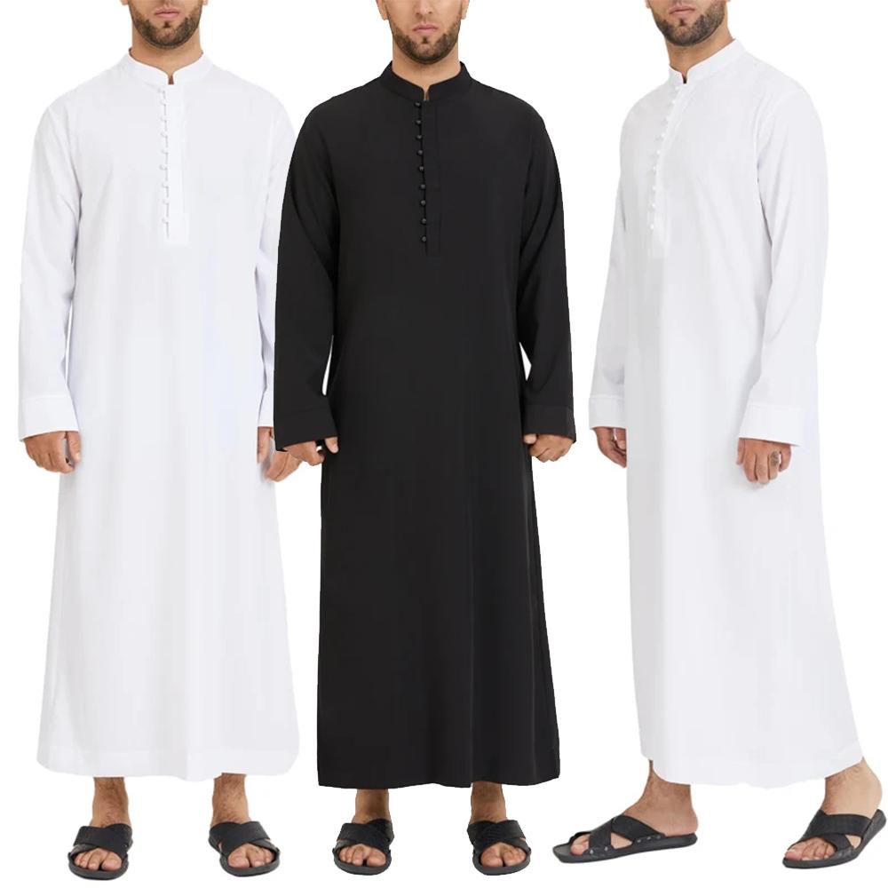 Muslim Men Jubba Thobe Solid 2024 Long Sleeve Thin Robes Kaftan Stand Collar Islamic Arabic Fashion Men Caftan S-3XL
