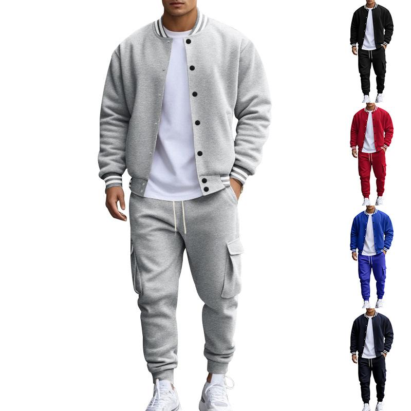 Autumn and Winter American Stand-up Collar Baseball Uniform Trousers Plus Velvet Casual Jacket Men's Loose Sports Suit for Men