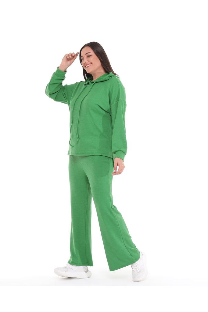 Women's Fashion Big Size Tracksuit Set Green Plus Size Wide Leg Long Sleeve Hooded Tracksuit Set
