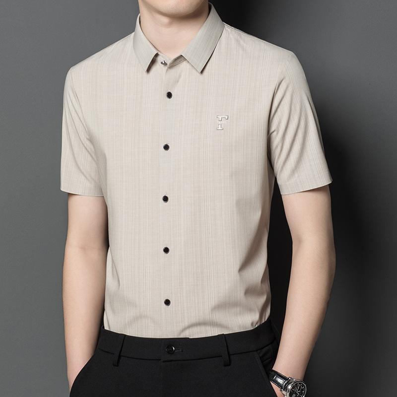 Summer New Young and Middle-Aged Thin Striped Solid Color Short Sleeve Shirt Men's Lapel Business Casual Shirt Men