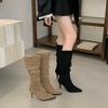 Ботильоны на высоком каблуке с острым носком, женские замшевые плиссированные высокие ботинки цвета хаки, весенне-осенние одинарные ботинки, ботинки