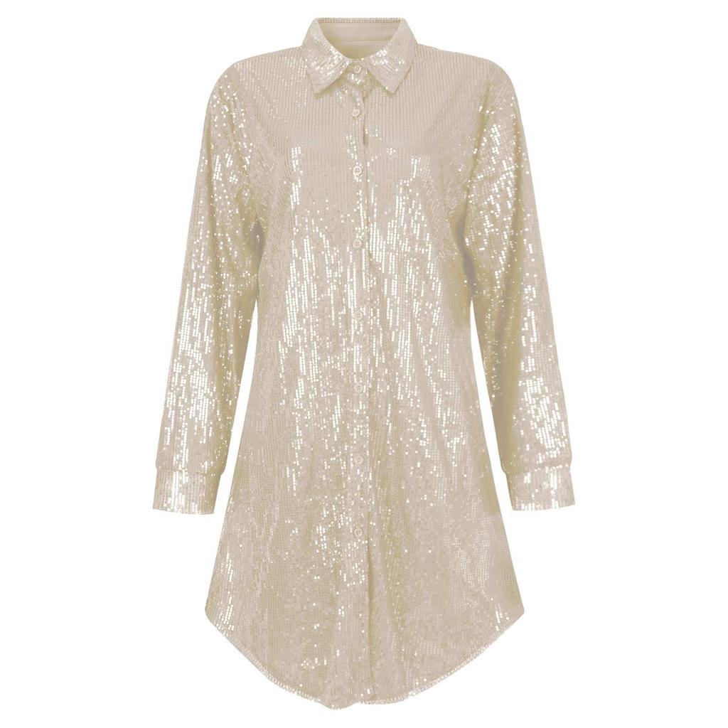 Женское свободное платье-рубашка на пуговицах с пайетками и длинными рукавами для вечеринок и клубов