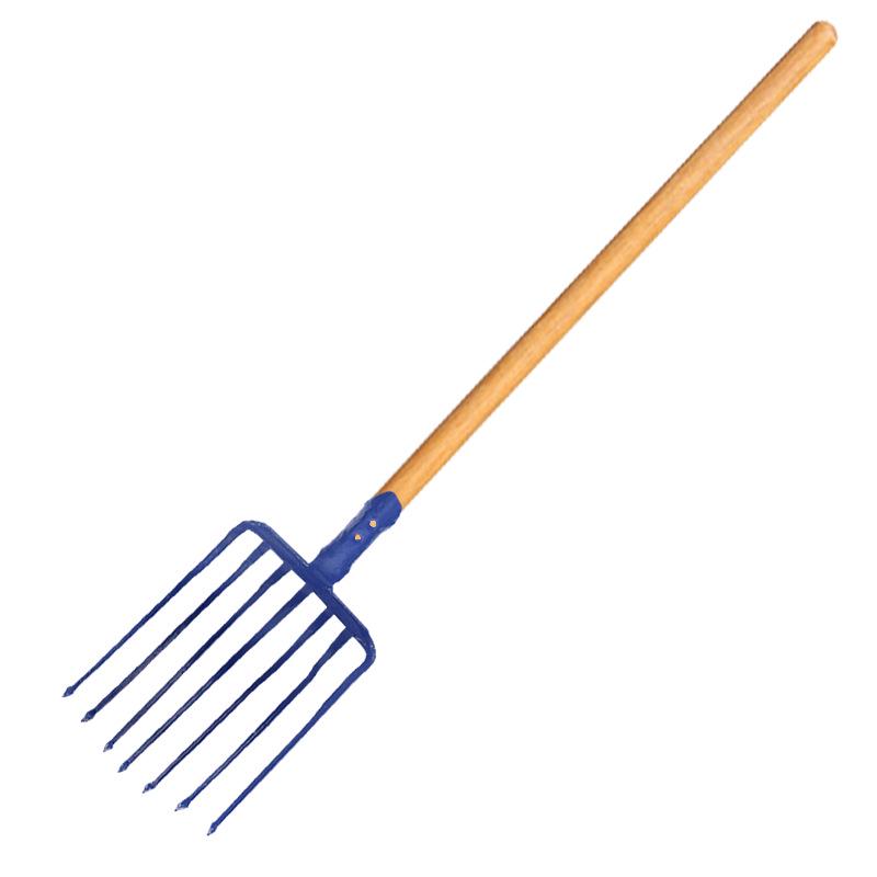 Промышленная стальная девятизубая вилка: Сельскохозяйственный инструмент с рукояткой из массива дерева