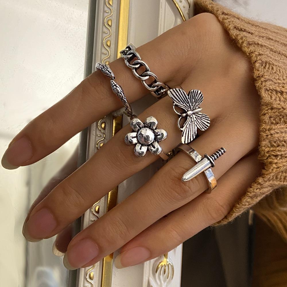 iF ME Punk Vintage Silver Color Poker Billiards Ring Set for Women Gothic Heart Anillos Hip Hop Y2k Korean Fashion Male Gift Jewelry