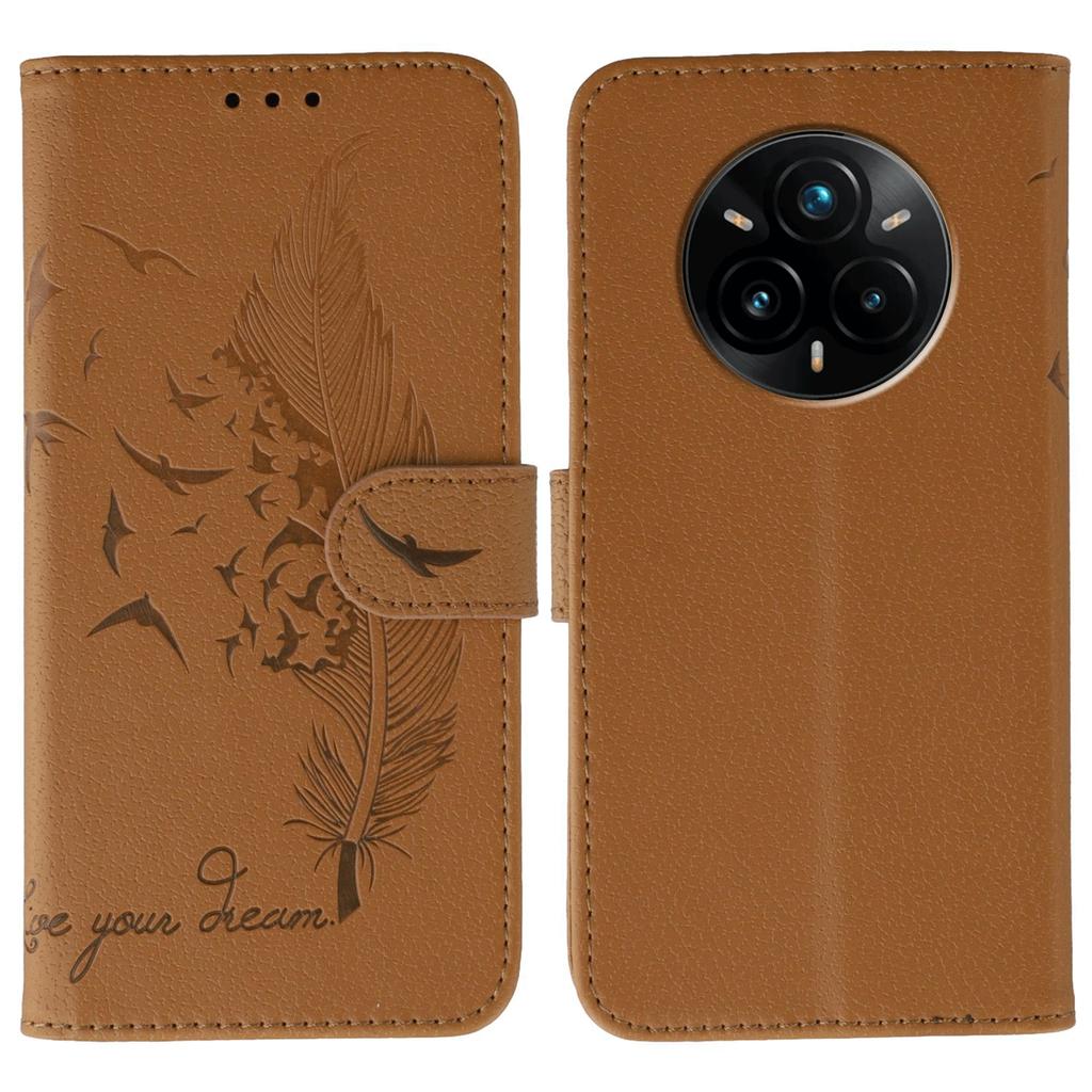 For Realme 14 Pro+ 5G Case Feather Imprint PU Leather Wallet Phone Cover