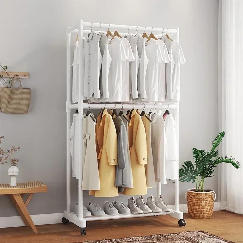Double-pole Coat Rack Floor Standing for Movable Clothes Rack Modern Minimalist Clothes Rack Bedroom Light Luxury Storage Shelf