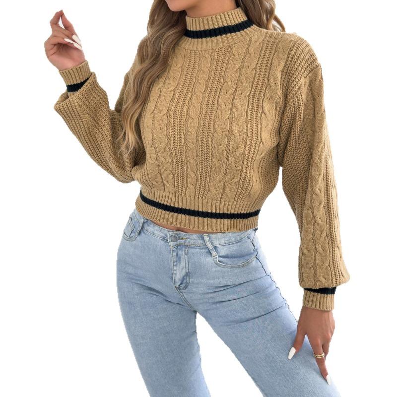 Women S Casual Color Block Half High Neck Waist Tightened Lantern Sleeve Sweater
