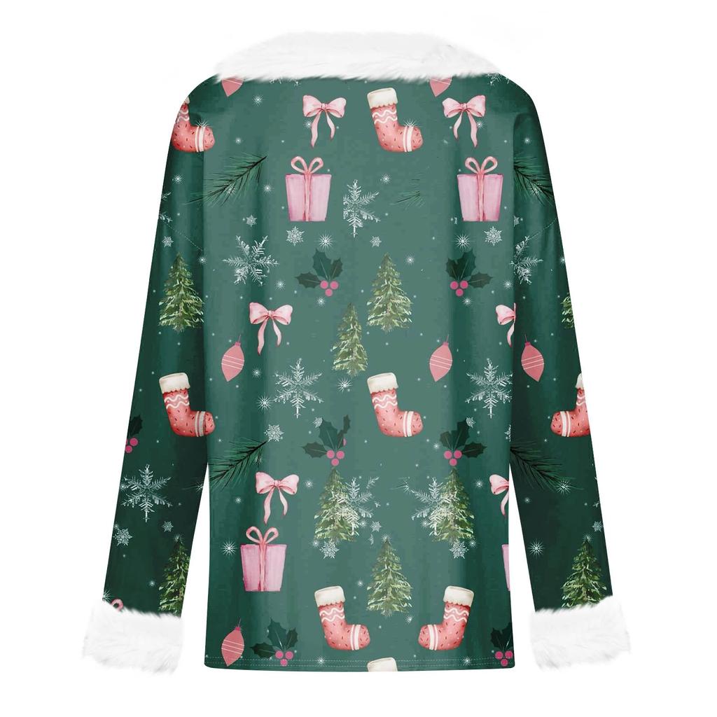 Женская футболка с рождественским принтом, футболка с длинным рукавом, флисовый воротник, топ с V-образным вырезом