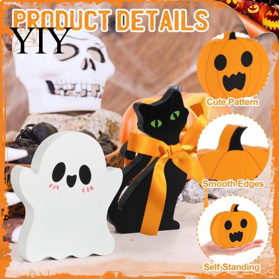 Wooden Ghost Pumpkin Black Cat Ornaments 3Pcs/Set Halloween Tiered Tray Decorations, Cute Atmosphere Props for Photos Ornaments, Block Table