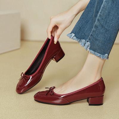 Туфли-лодочки на низком каблуке, красные с бантом, новые модели весна-осень, не устают, туфли на высоком каблуке, толстый каблук.