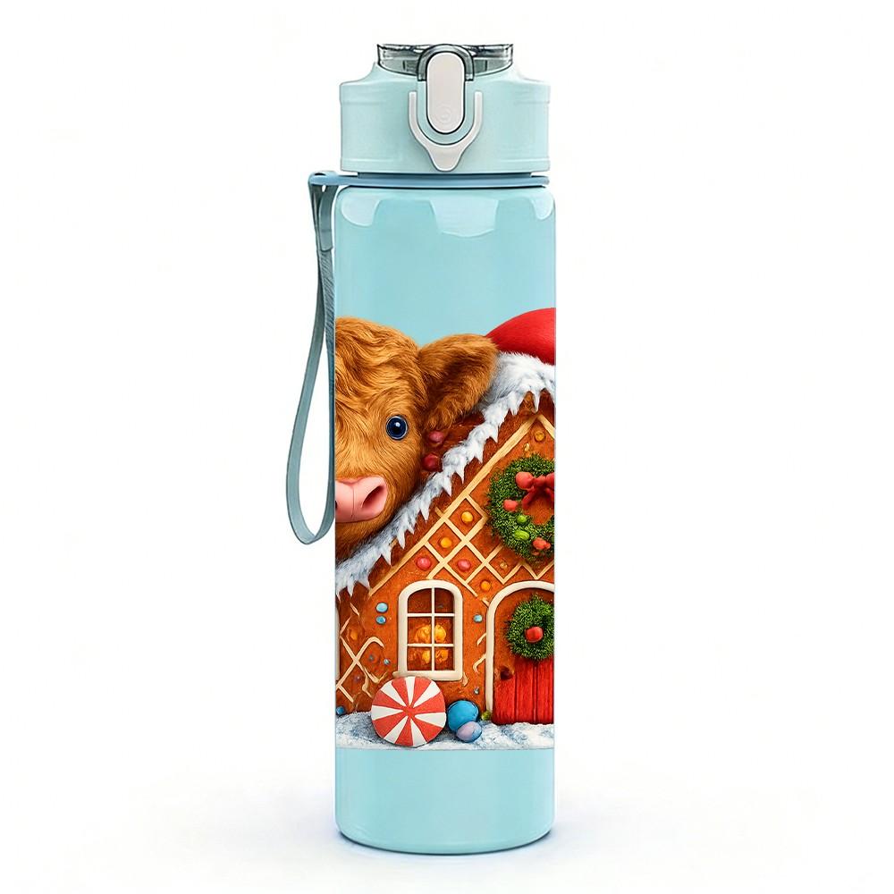 1PC Highland Cow House 750ml Color Plastic Sports Water Bottle Leakproof Flip Straw Lid Suitable for Sports Office Home Use