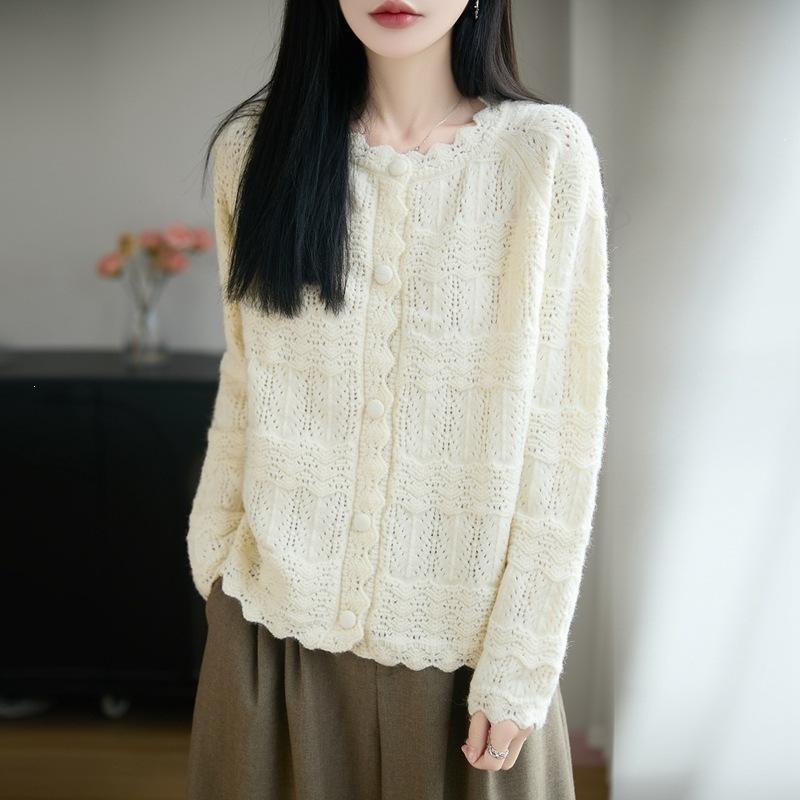 Round-neck Knitted Cardigan with Long Sleeves, Women's Sheer Loose-fitting Top Coat