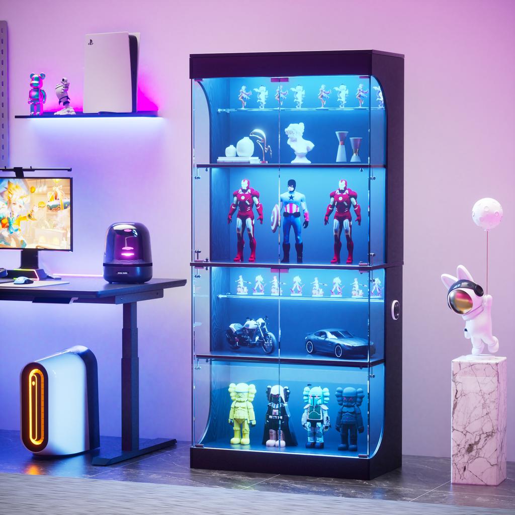 Four-tier glass display cabinet, storage, LED lighting, glass doors, smart sensors, dustproof, for living room, bedroom, offices. Black. 80*35*165cm