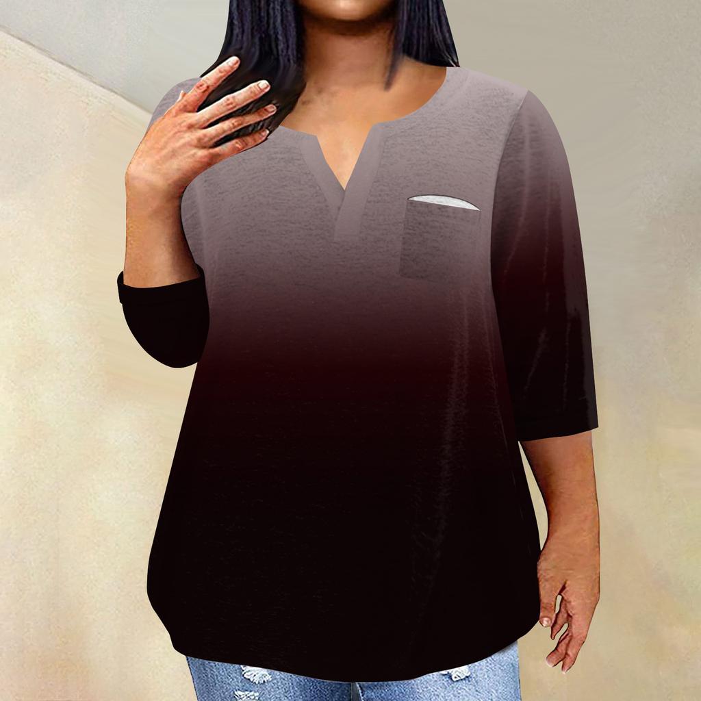 Women's Fashionable Casual Three Quarter Sleeve Printed V Neck Pullover 4/3 Sleeve Top