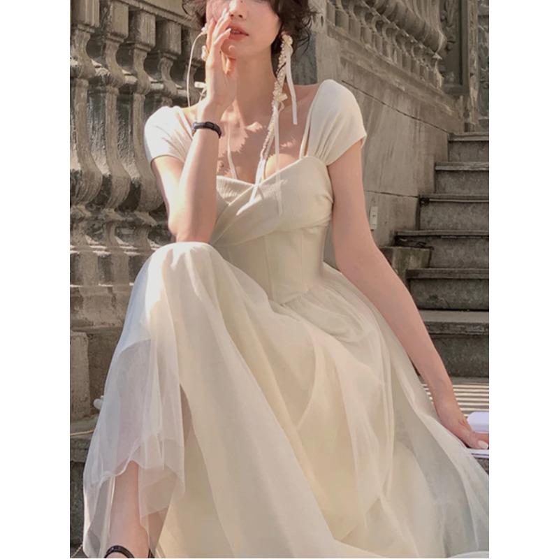 Однотонное французское элегантное платье, офисное женское платье 2023, летнее платье феи миди с короткими рукавами, повседневное модное вечернее платье для женщин