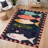 Colorful Fish Rug Striped Design Navy Background Coral Border Vibrant Kids Room Playroom Carpet for Home Decor Floor Mat