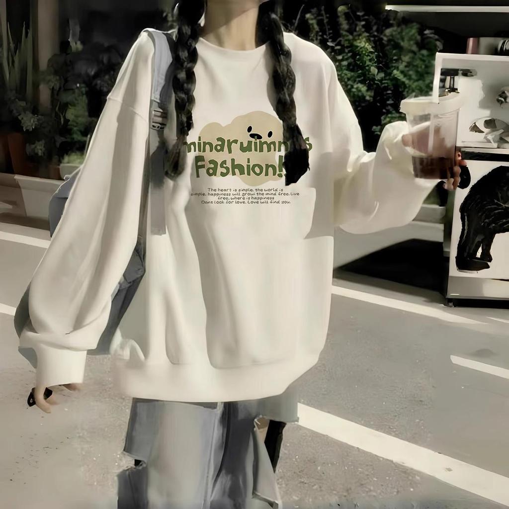 Spring 2025 Girls' Cotton Crew Neck Fleece Sweatshirt, Big Kids, Middle & High School, Loose Fit, Long-Sleeved, No Hood