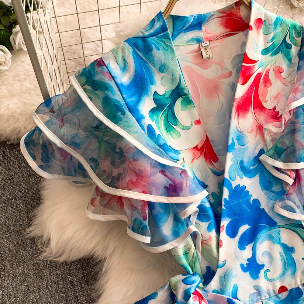 Элегантные длинные платья с цветочным принтом для женщин, летние, праздничные, с рукавами-рюшами, цельные, запашные, с V-образным вырезом, винтажные, ретро, вечерние