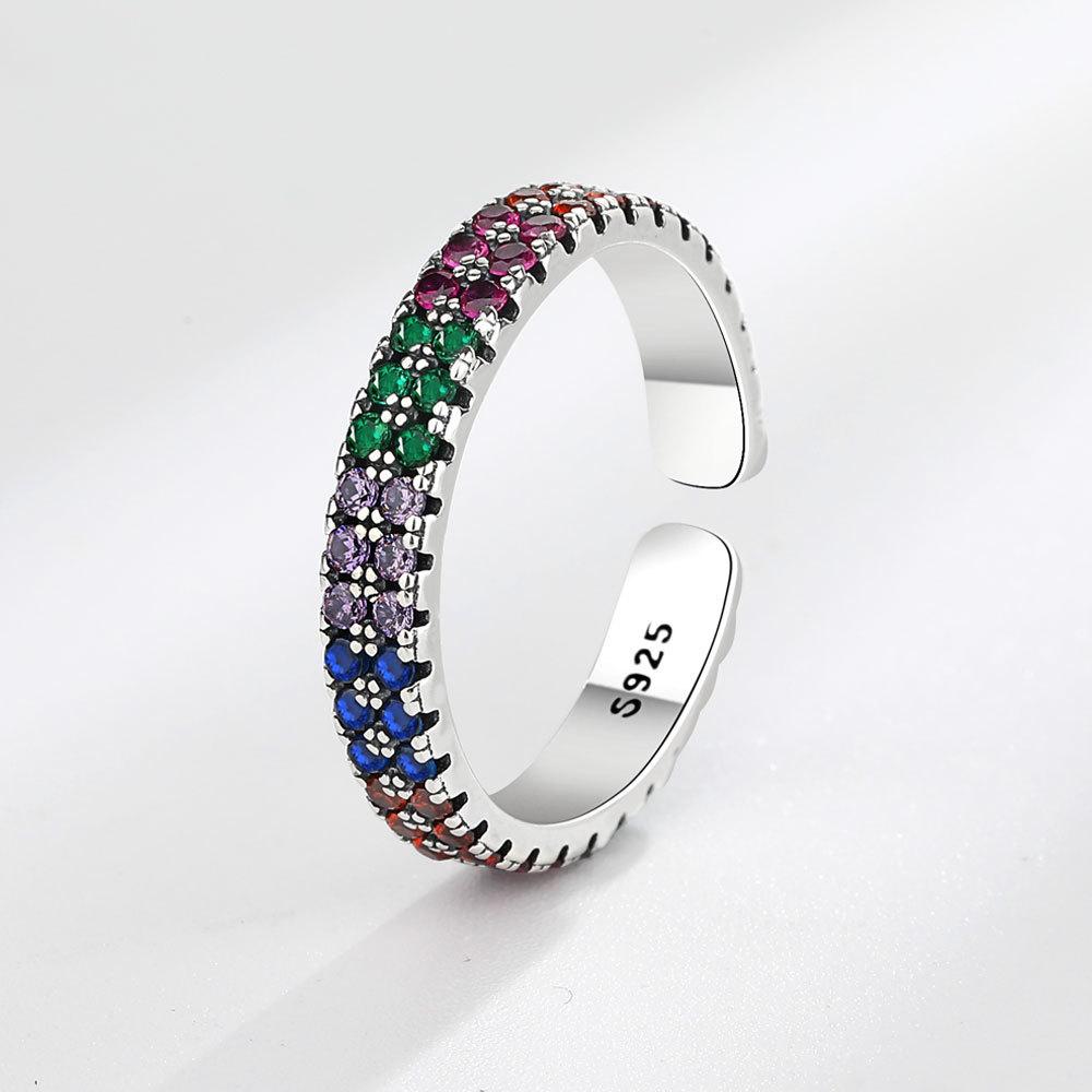 Vintage Colorful Double Row Zircon Open Ring Fashion Jewelry For Women Elegant Adjustable Band Accessory