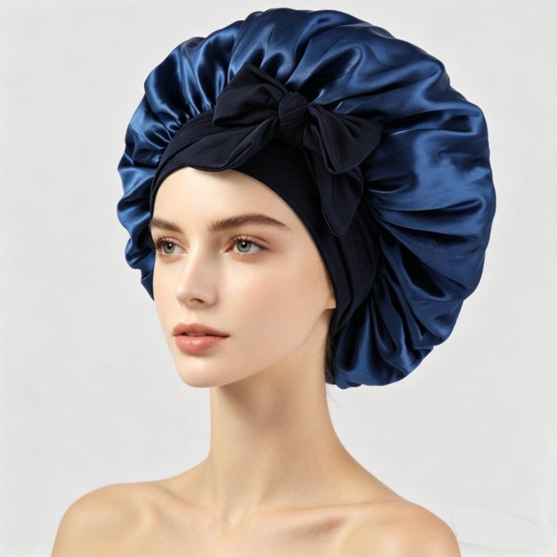 Silky Satin Sleep Cap with Tie-Up Ribbon for Women - Hair Care Hat