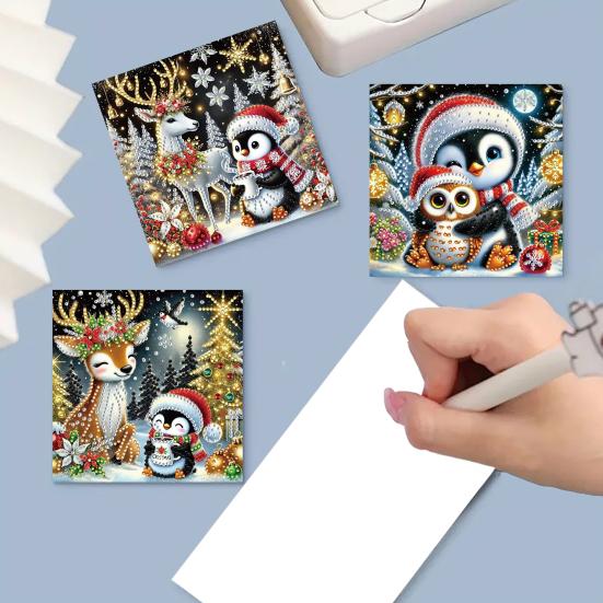 6 Pcs DIY Rhinestone Art Painting Cards Christmas Greeting Card Making Kit with Envelopes 5D Snowman Cat Deer Rhinestone