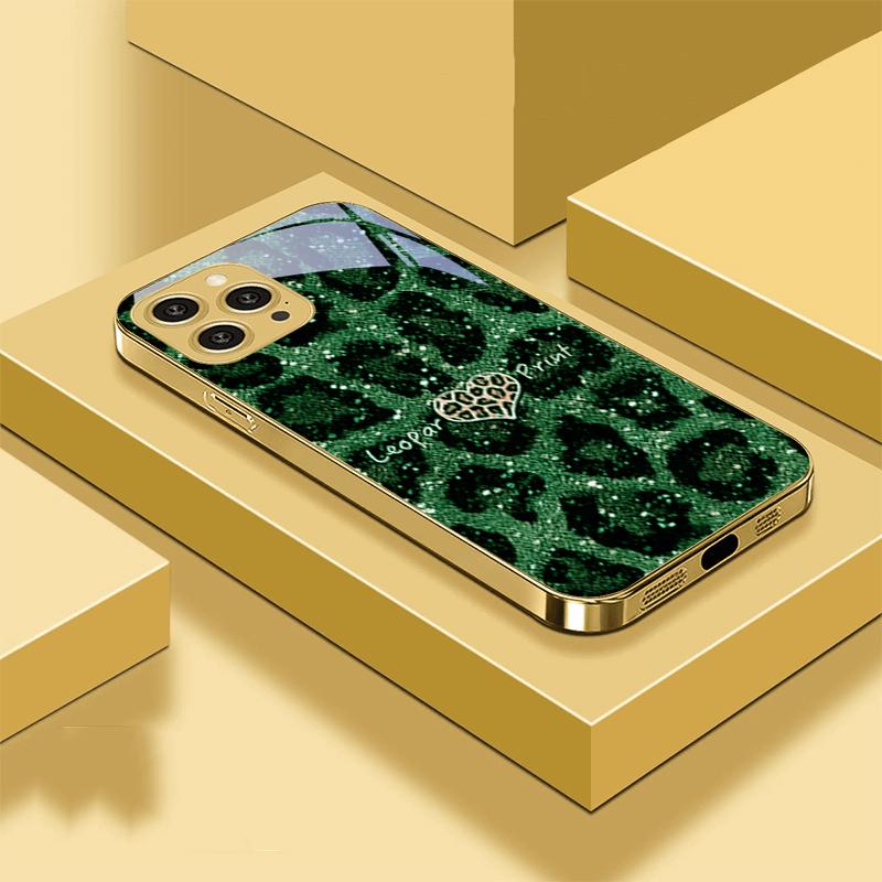 Чехол для телефона с леопардовым принтом, цвет любви зеленый, для iPhone 16 Pro Max 15 P Ro 14 13 Plus 12 Mini 11Pro Max XS Max XR, золотой чехол из закаленного стекла