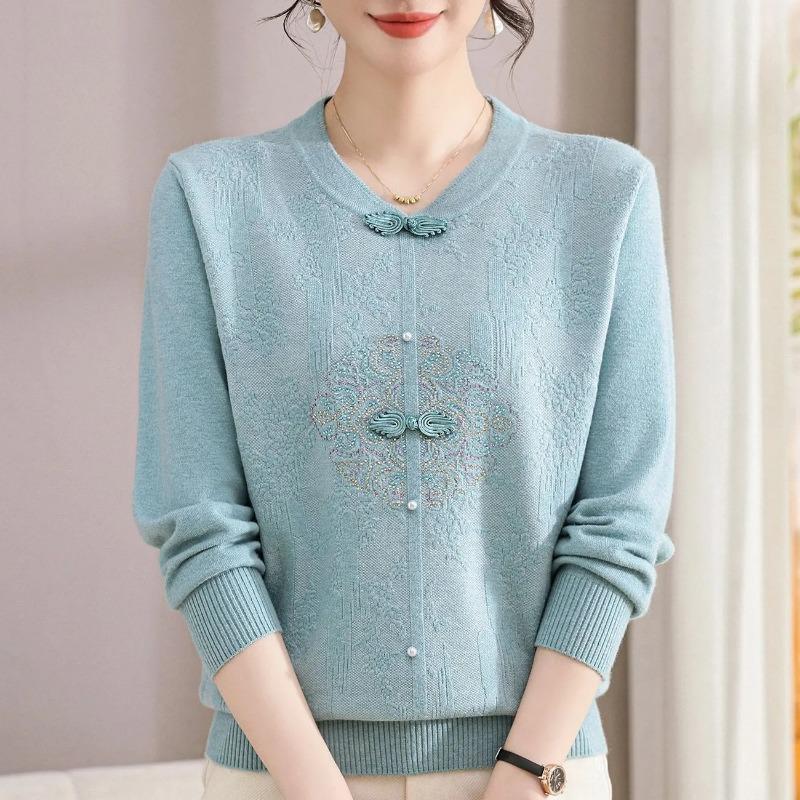 Spring Autumn Long Sleeve Sweater Women's Base Shirt Fashionable Mom Knitted Thin Tops for Middle-aged