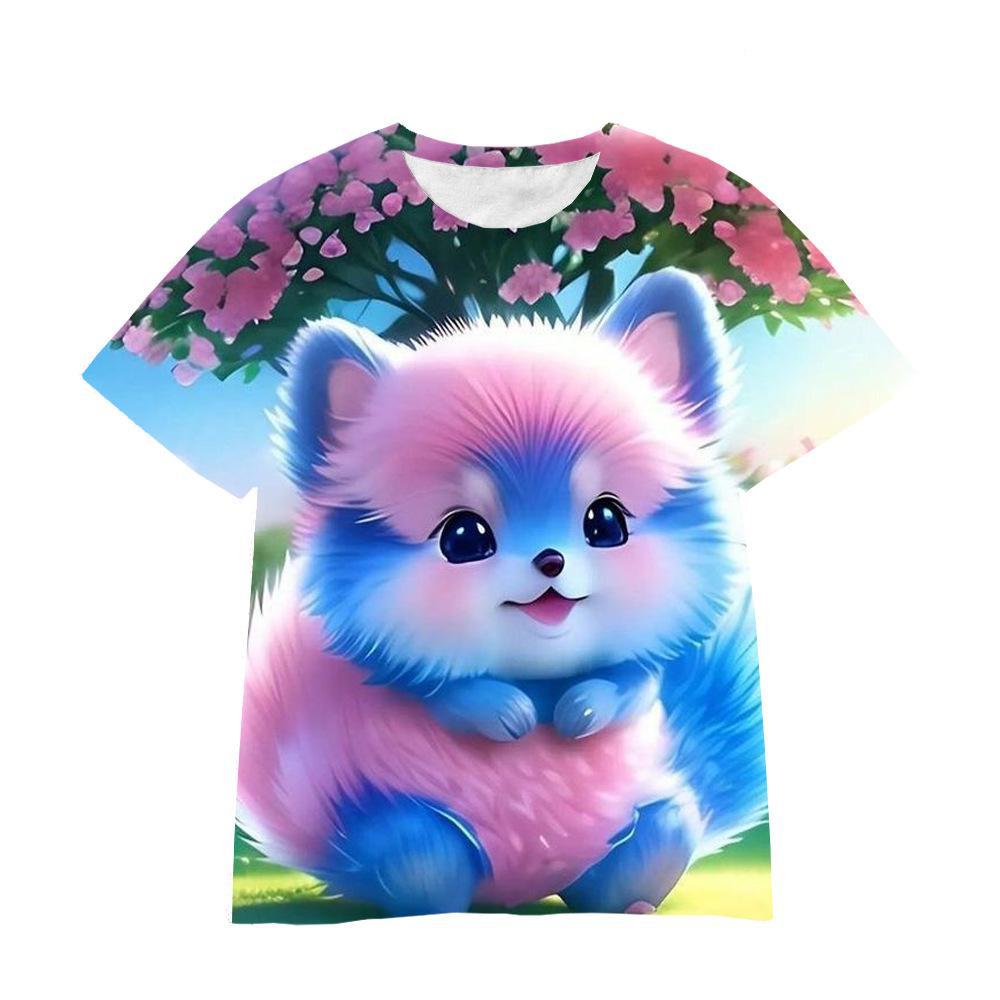 Summer Round Neck 3D Cartoon Furry Animal Print Top Fashionable Casual Short Sleeved Children's Boy and Girl Universal T-shirts