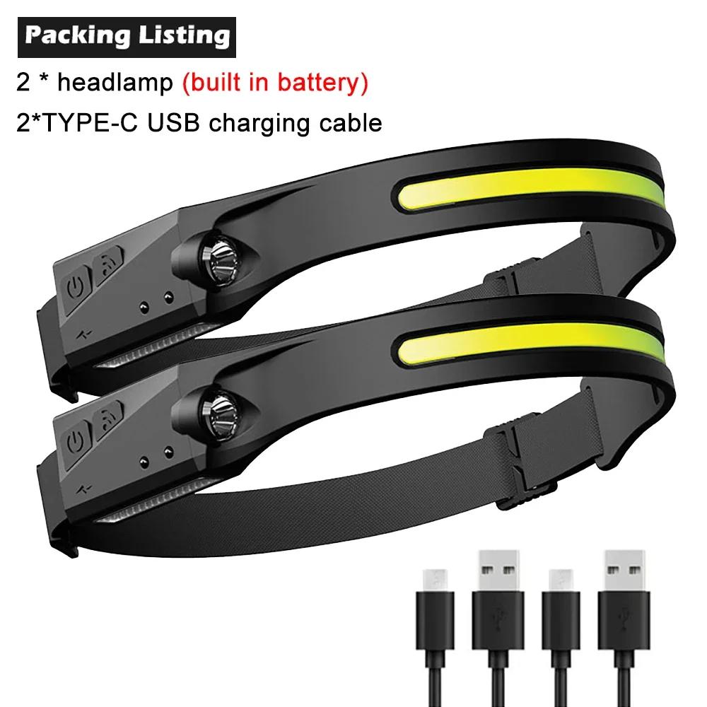 1-10 шт. Светодиодный налобный фонарь с датчиком, встроенный аккумулятор, USB-перезаряжаемый, налобный фонарик, головной фонарь, головной фонарь, кемпинг, рыбалка, поисковый свет