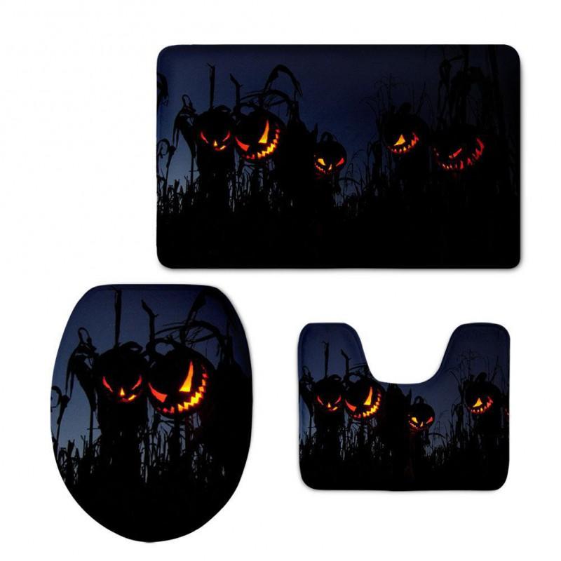 Halloween Pumpkin Head Toilet Seat Cover Set 3pcs Witch Theme Bathroom Mat Flannel Washable Modern Decor