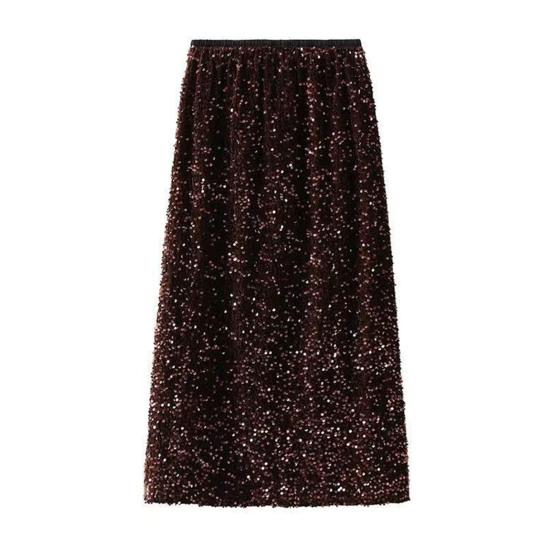 Women Skirt Solid Color Shiny Sequin Decoration Midi Skirt Elastic High Waist Back Slit Design Skirt Beach Weddings Skirt
