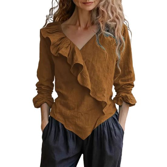Женская блузка с V-образным вырезом, длинными рукавами и рюшами, однотонная, для работы, вечеринок, повседневной носки.