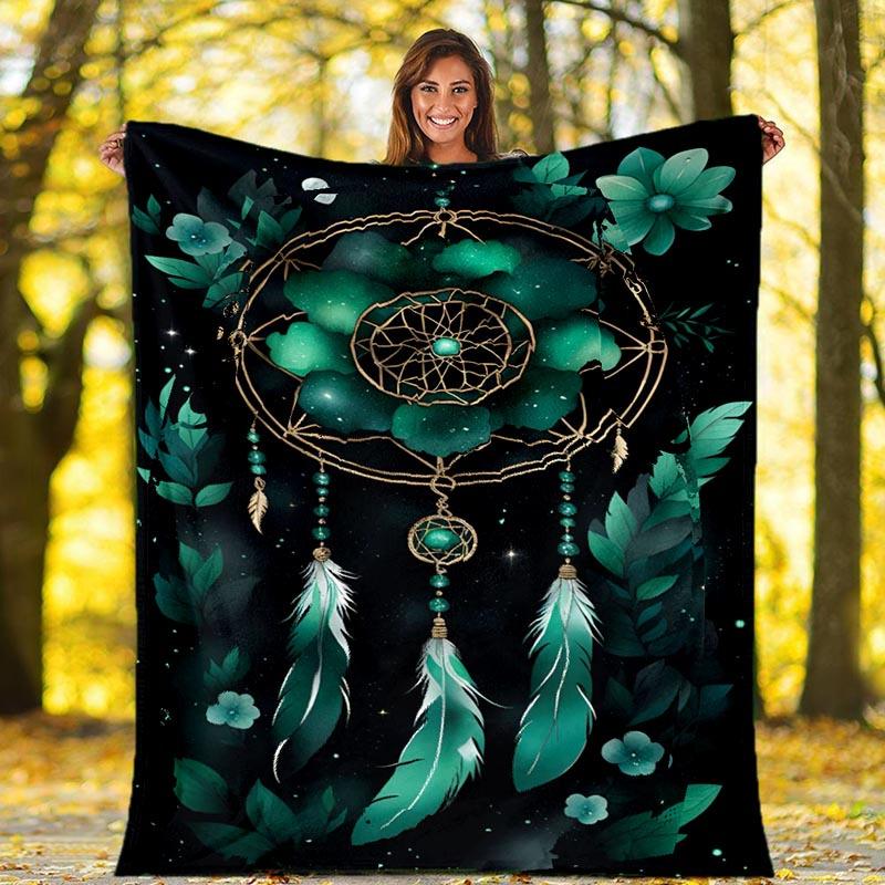 1pc Green Dream Catcher Printing Lightweight Flannel Blanket, Comfortable and Warm Blanket, for Camping Sofa Bed and Couch Office, Suitable f