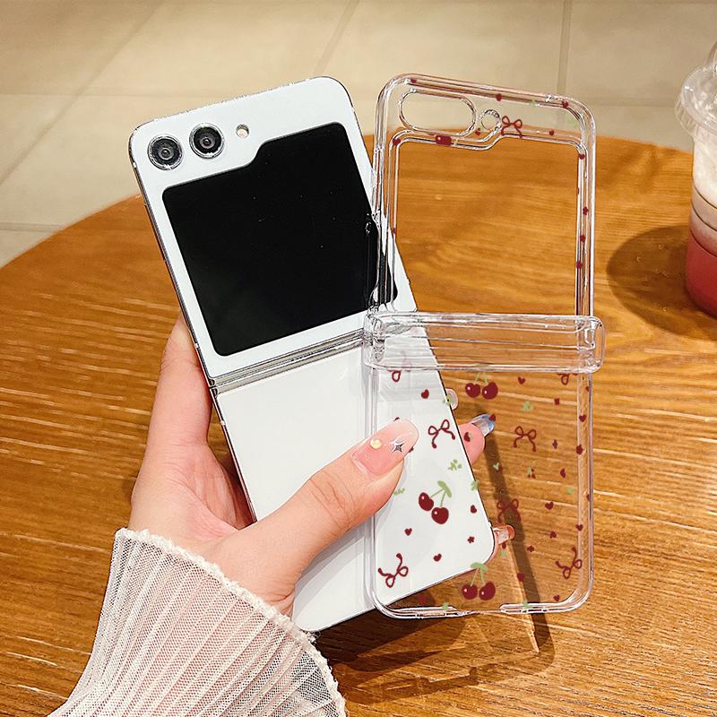 For Samsung Galaxy Z Flip6 Flip5 Flip4 Flip3 3PCS Folding Bowknot Cherry Pattern Transparent Hard Plastic Slim Phone Case Cover