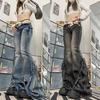 High Quality American Vintage Clothes Raw Edge Design Flared Jeans for Women Patchwork Low-rise Washed Denim Y2k Pants